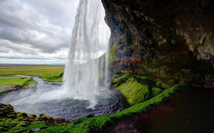 природа водопад мох трава Исландия