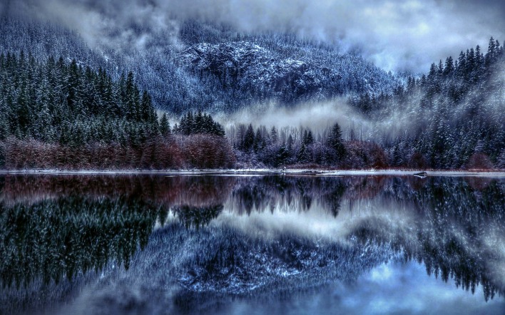 природа озеро отражение лес деревья снег зима