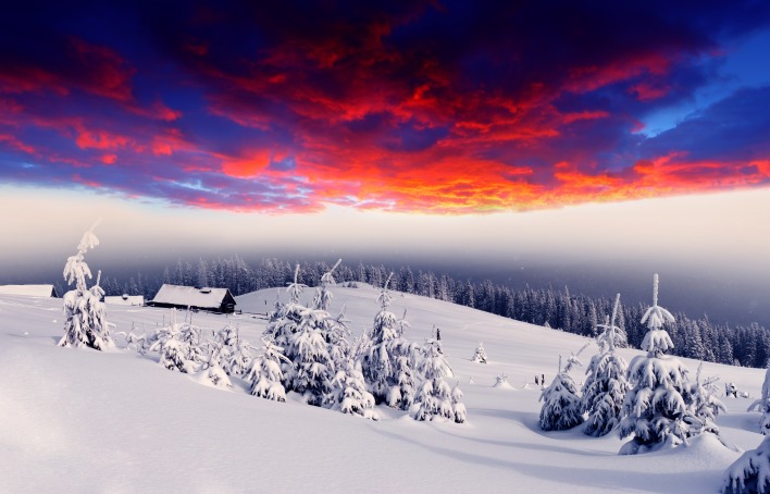 природа небо горизонт зима снег деревья туман облака