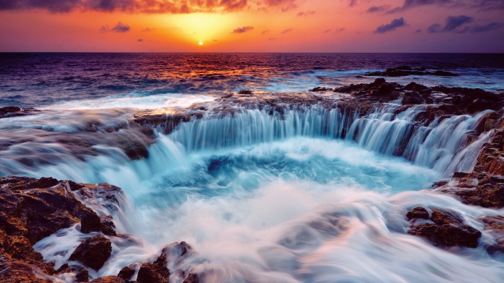 природа водопад море горизонт солнце