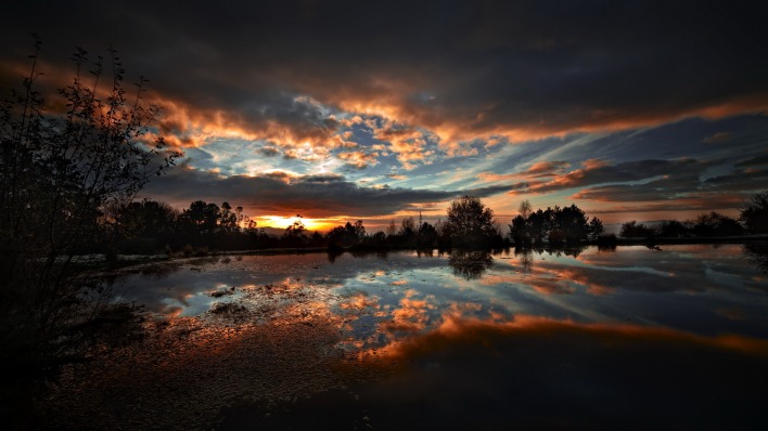 природа озеро деревья небо облака закат