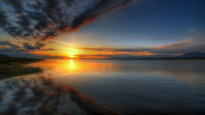 природа горизонт солнце озеро облака отражение