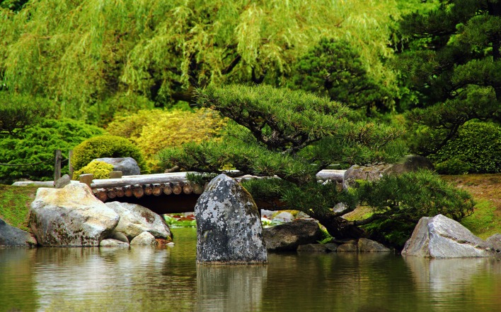 камни речка мостик деревья зелень лето