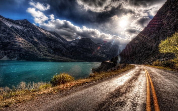 дорога лучи озеро горы