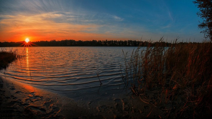 природа закат солнце озеро небо