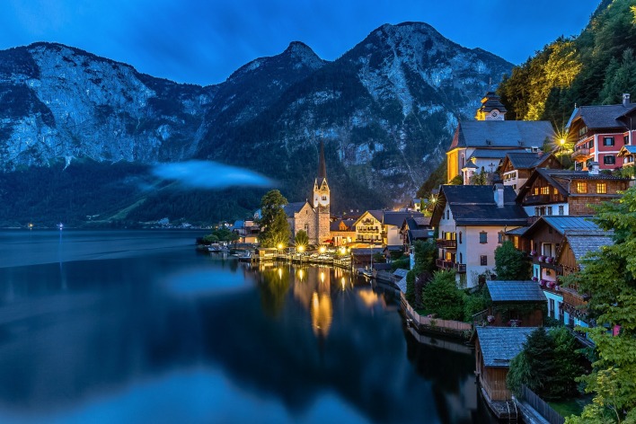 Гальштат австрия горы ночь огни город