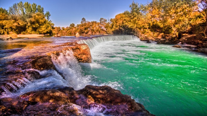 водопад осень река зеленая