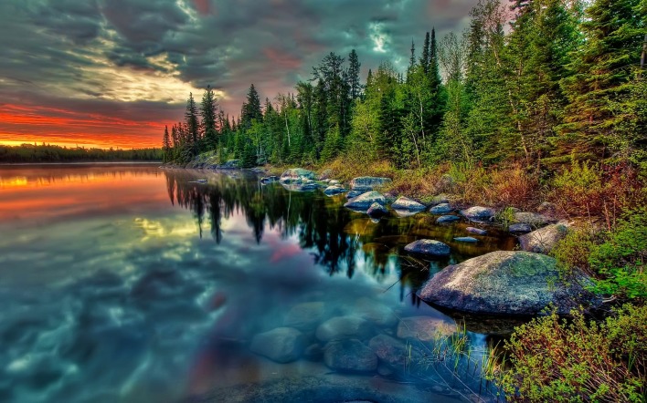 лес озеро закат камни