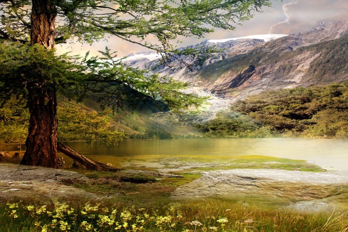 природа скалы горы деревья озеро