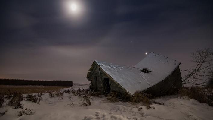 ночь небо снег хижина