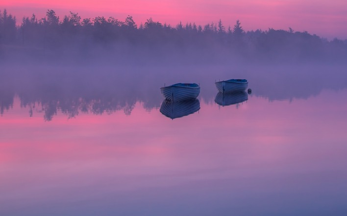лодки озеро рассвет лес