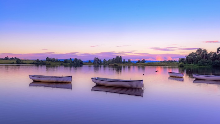 лодки озеро деревья рассвет небо