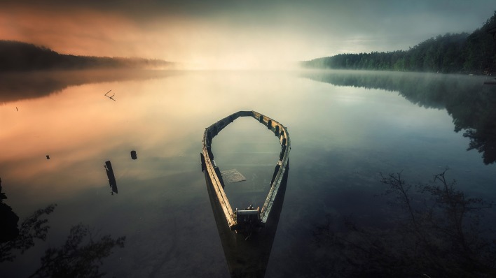лодка озеро испарение туман рассвет