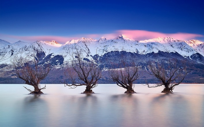 горы озеро деревья снег зима