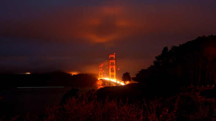 мост свечение огни ночь туман облака