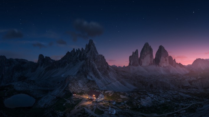горы скалы ночь дом