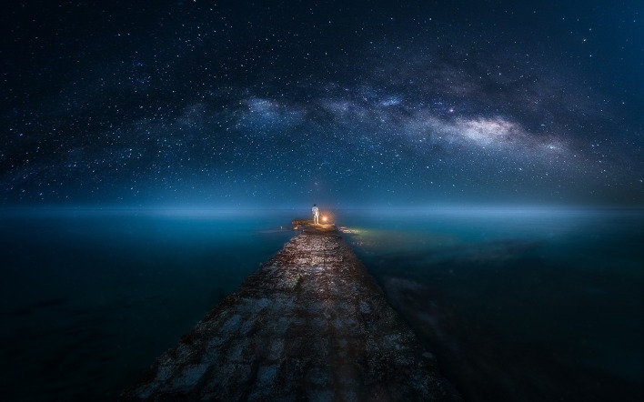 фантастика пирс море звезды ночь сияние свечение