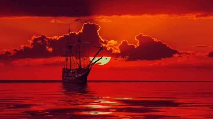 корабль парусный рисунок закат красный