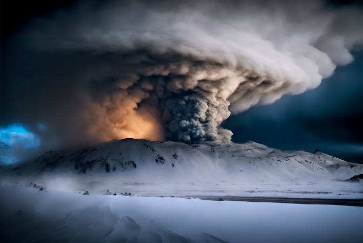 вулкан снег зима дым извержение