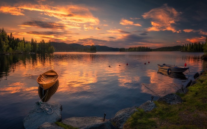 лодки озеро сумерки закат