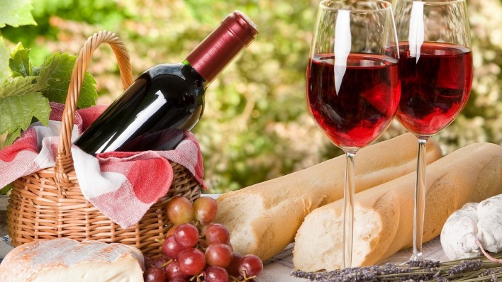вино,стол,виноград,багет,корзина