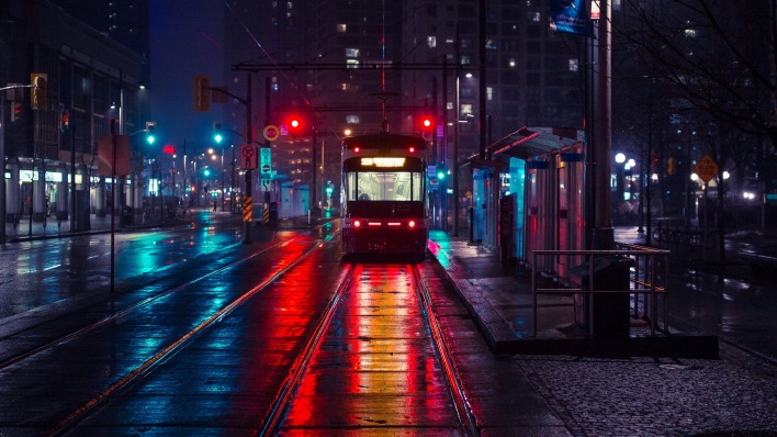 улица трамвай огни мокрый асфальт