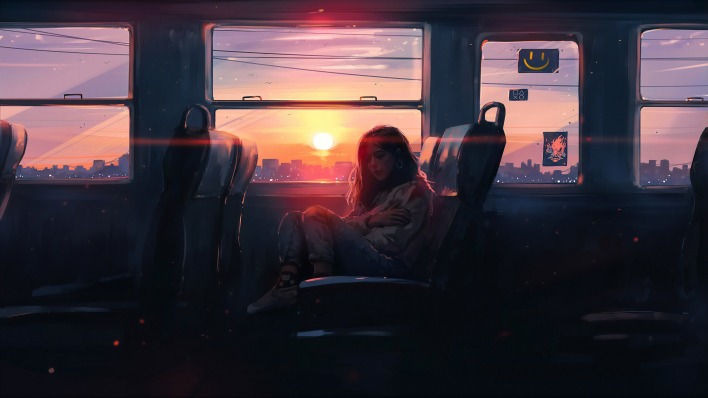 девушка вагон на закате метро