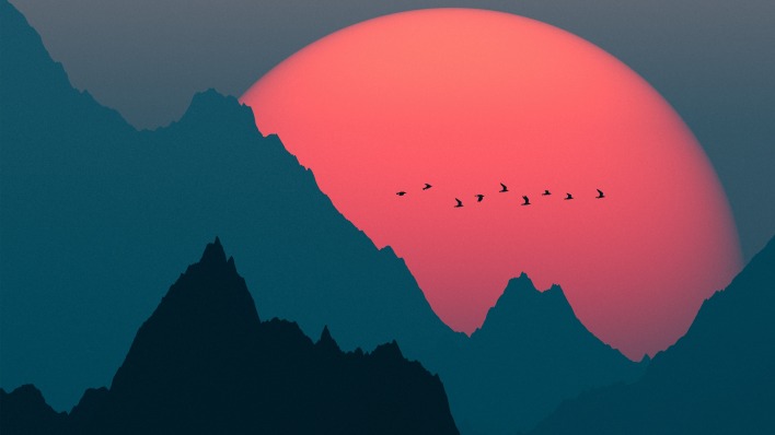 горы вектор минимализм птицы солнце