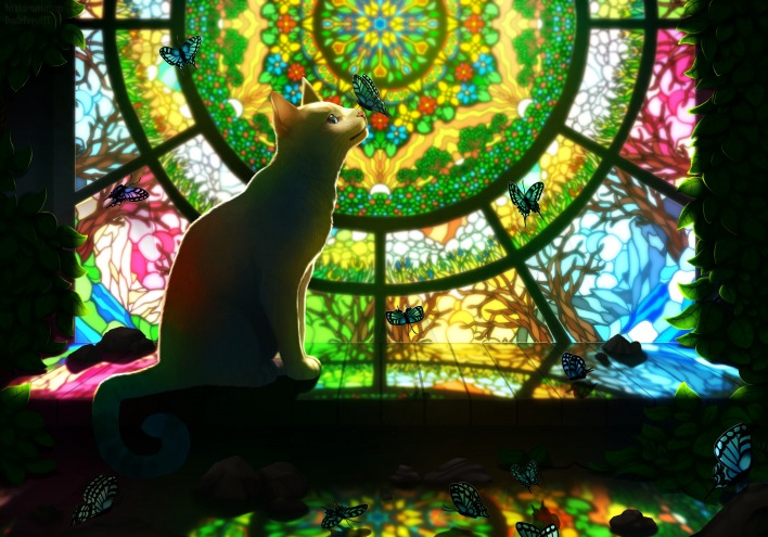 красивая арт кошка возле которой летают бабочки на фоне витражного стекла с узором мозайки