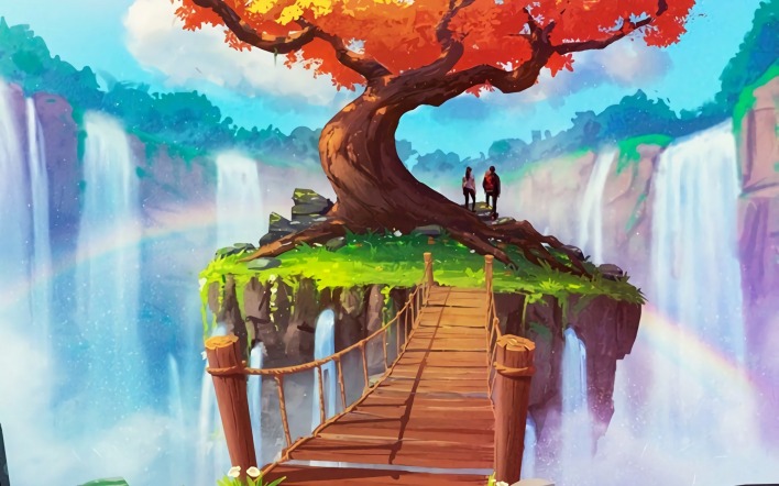 рисунок дерево мост водопады