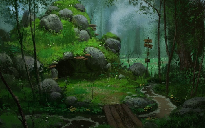 сказка арт настроение рисунок холм камни лес ручей