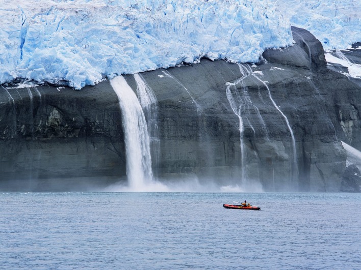 Kayaker and Hanging Glaciers, Icy Bay, Alaska