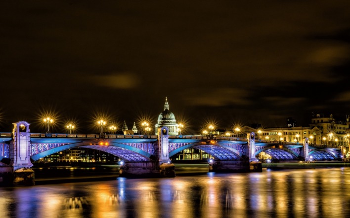 мост город вечер фонари