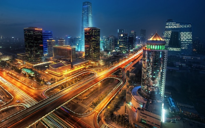 страны архитектура ночь дороги Пекин Китай