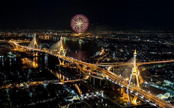 Таиланд Фейерверк мосты ночь