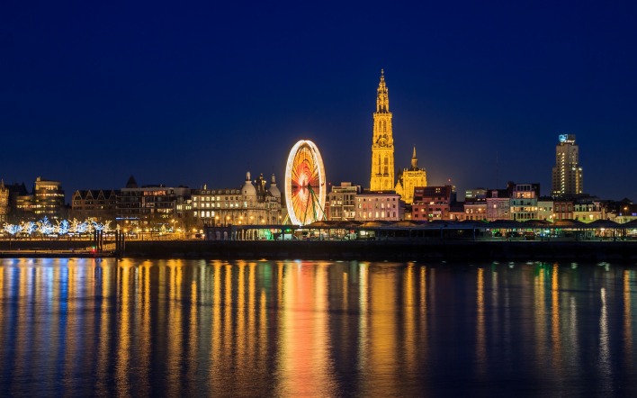 Антверпен Бельгия ночь огни