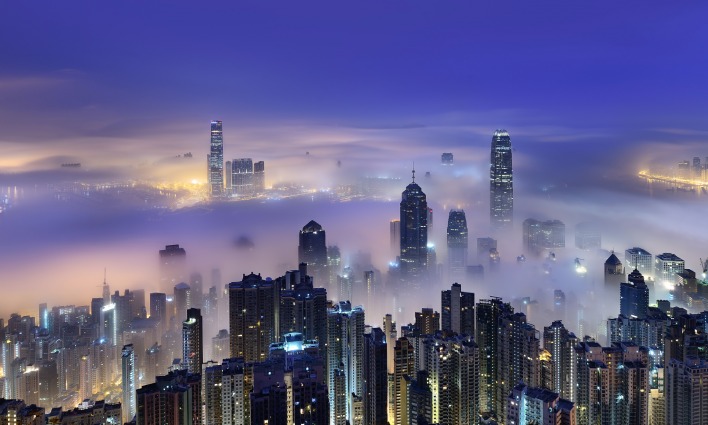 Victoria Harbour Гонконг утро КНР Hong Kong город море облаков Март Китай небо весна