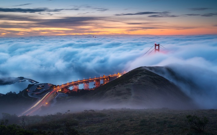 мост облака холмы закат