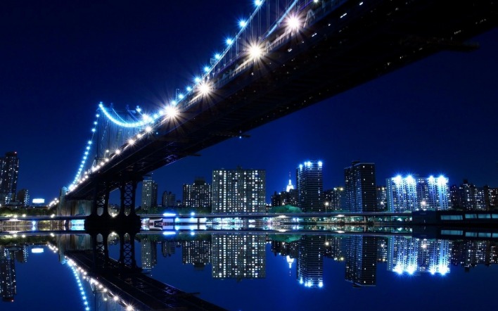 мост огни город река ночь