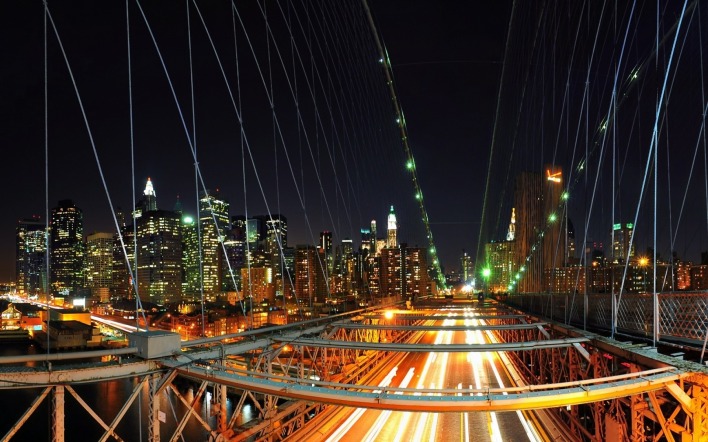 мост тросса вечер нью-йорк бруклинский мост ночь огни свет