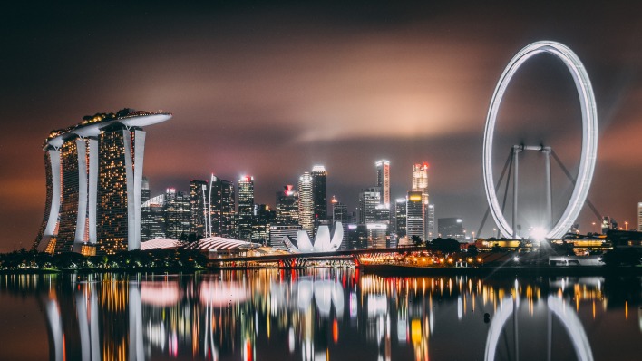 сингапур город огни ночь отражение свечение