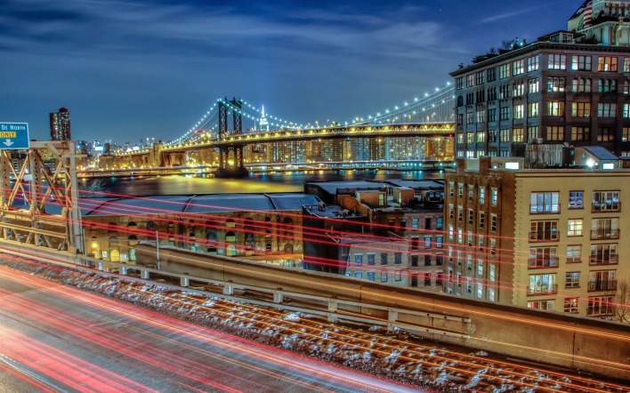 город нью-йорк огни вечер мост