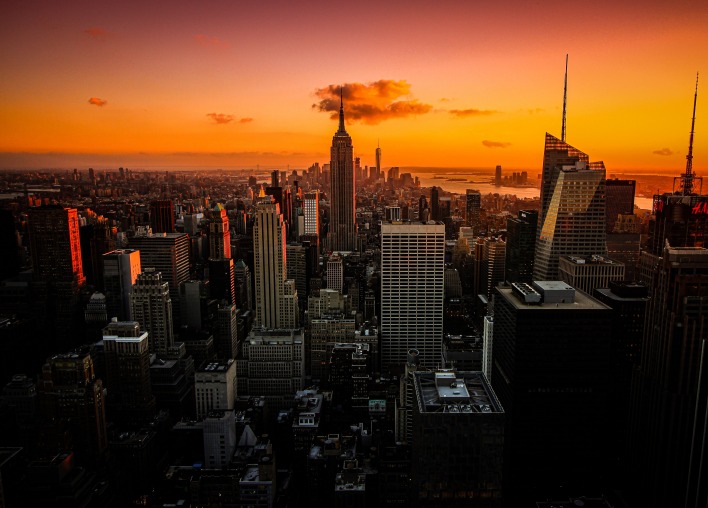 город закат небоскребы manhattan new york city new york usa