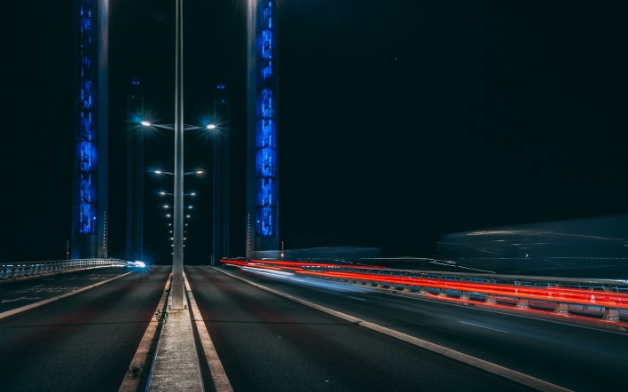 мост подсветка огни дорога ночь