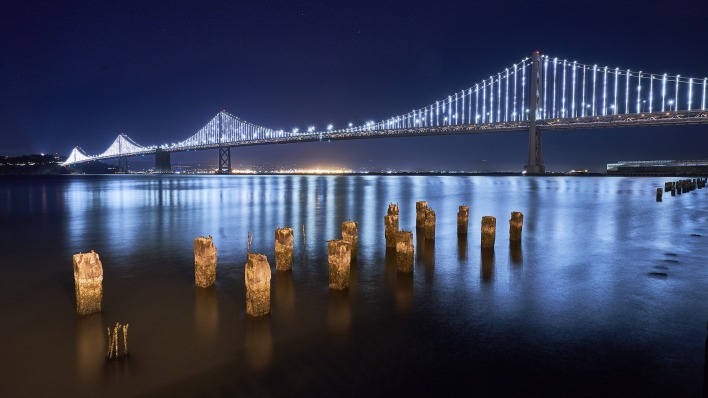 мост свечение огни ночь река