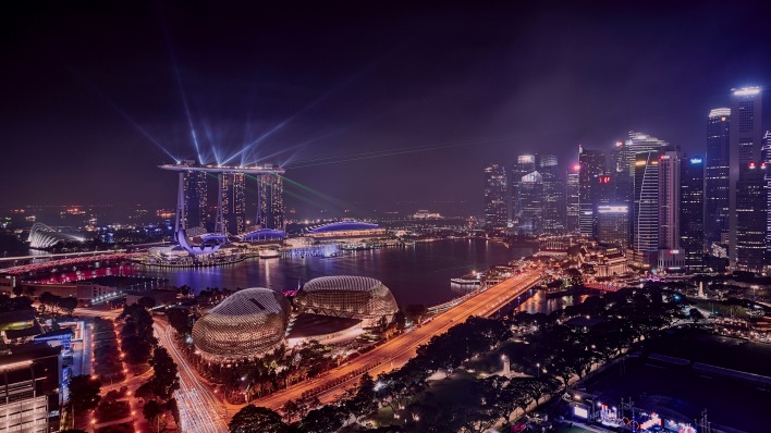 сингапур ночь город небоскребы огни высота