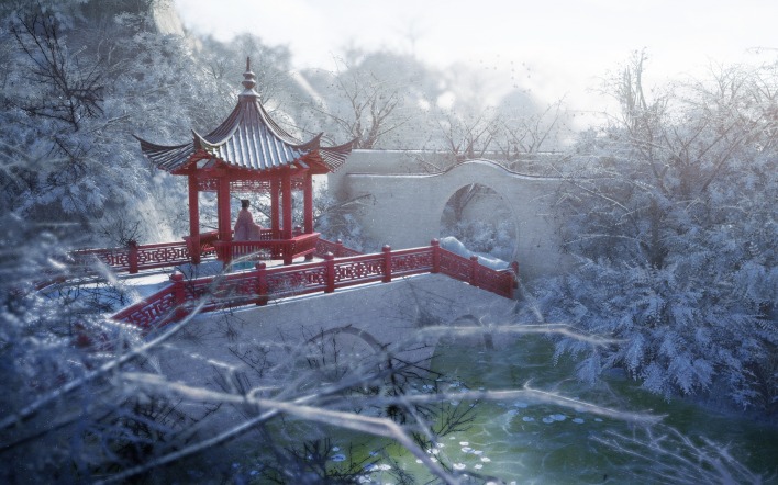 япония мостик зима иней