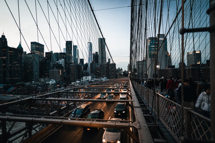 сша нью-йорк мост тросса город вечер