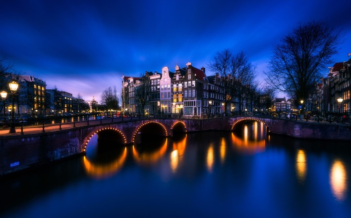 амстердам ночь нидерланды мост отражение