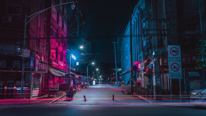 улица фонари япония неон ночь город